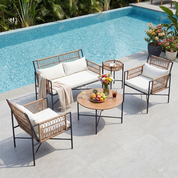 patio furniture set, outdoor seating set, wicker patio set, outdoor sofa set, garden furniture set, brand awareness, lifestyle, outdoor, calm, fresh, neutral, blue